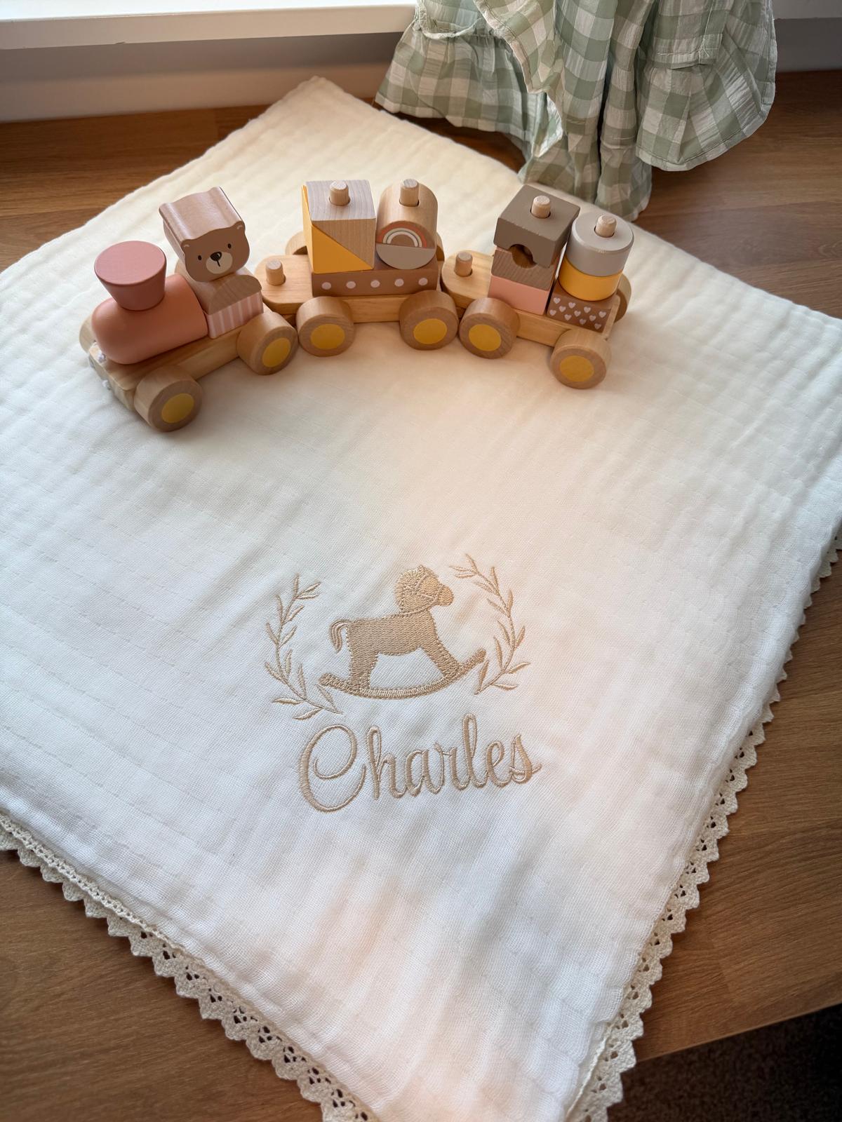 Personalized baby blanket embroidered with the name Charles
