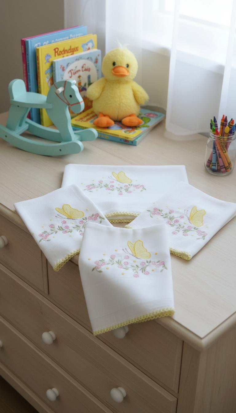 Baby cloths embroidered with butterfly and floral motif