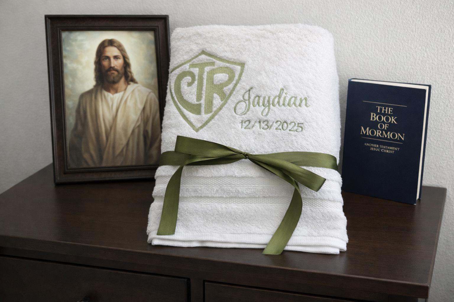 LDS baptism towel with CTR shield, name Jaydian and date