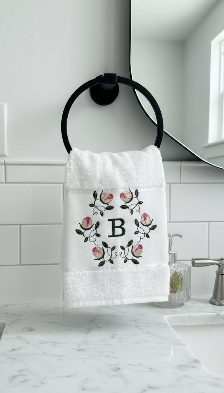 Bathroom hand towel with floral monogram letter B